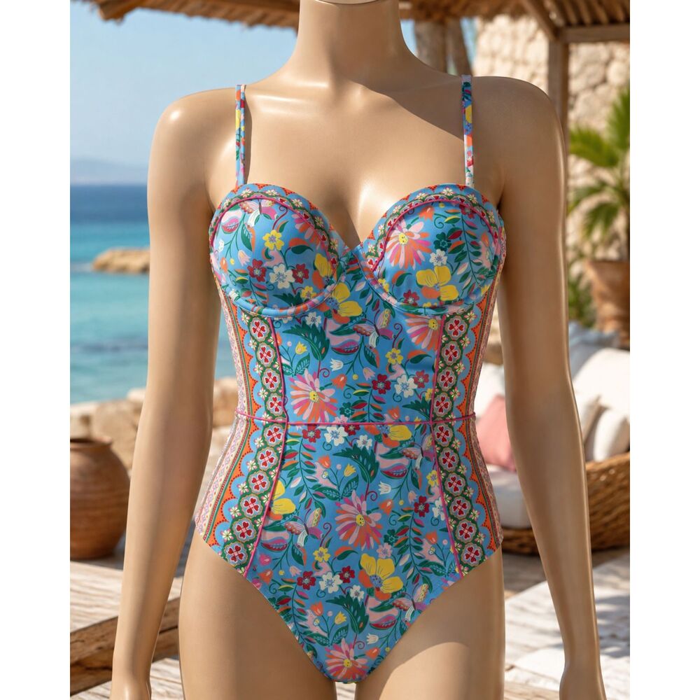 Boden Rhodes Cup-Size Swimsuit Blue Floral Border Print One Piece 32D Bustier